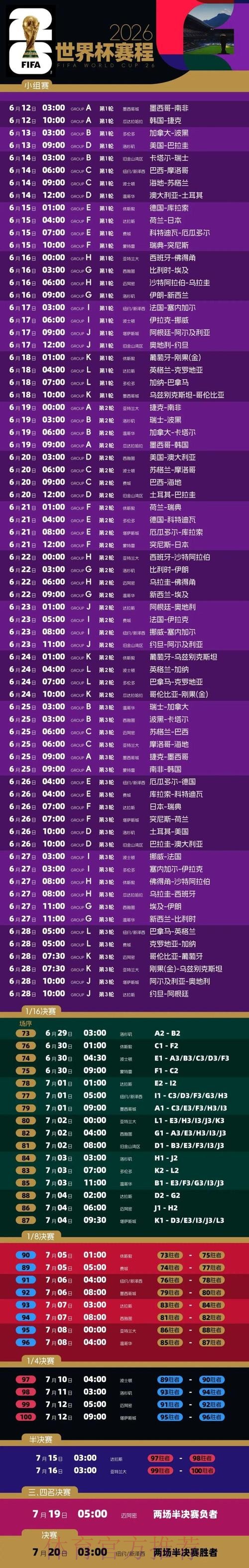 2026年世界杯全程比赛时间详细安排 2026年世界杯全程比赛时间详细安排